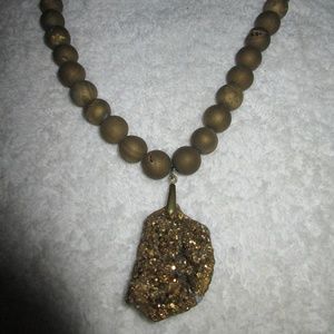 Gold Pyrite Geode Druzy Beaded Necklace Pendant